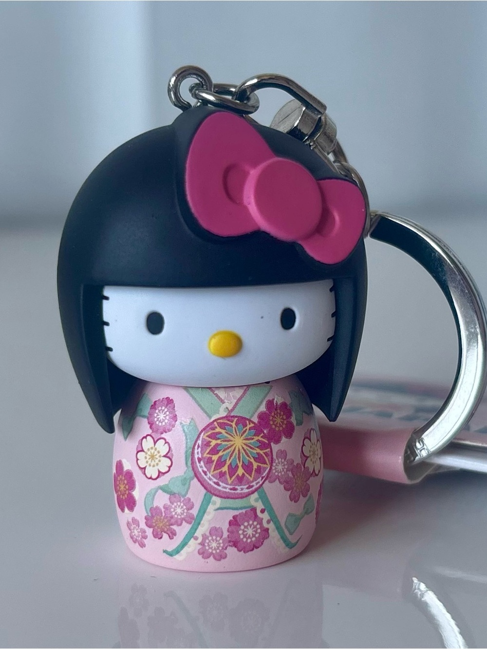 Sanrio Hello Kitty Kokeshi Keychain - Black Hair Pink Kimono with Pink Bow